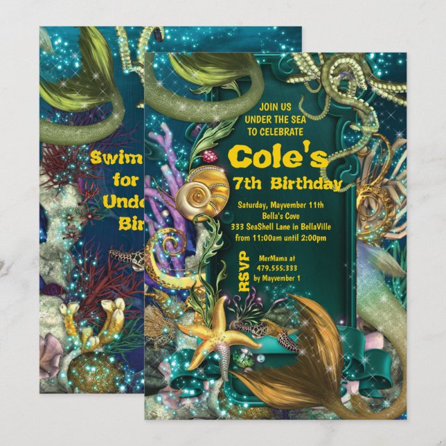 Octopus under havets Sjöjungfru Party Inbjudan (Fram/baksida)