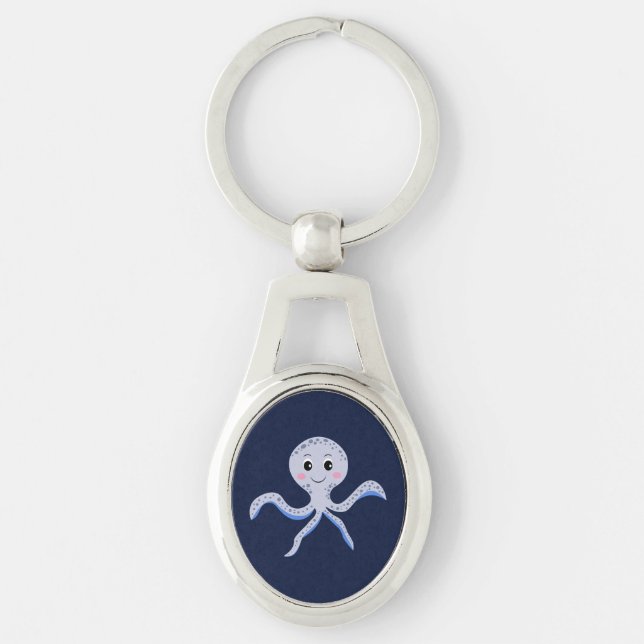 Octopus under havets ungar mönster ovalt silverfärgad nyckelring (Framsidan)