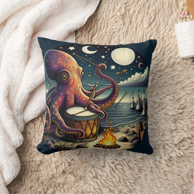 Octopus Uppspelningsrom vid Seaside Campfire Kudde (Filt)