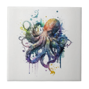 Octopus, vattenfärg, keramiskt plattor kakelplatta