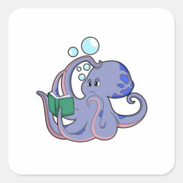 Octopus vid läsning med Bok Fyrkantigt Klistermärke