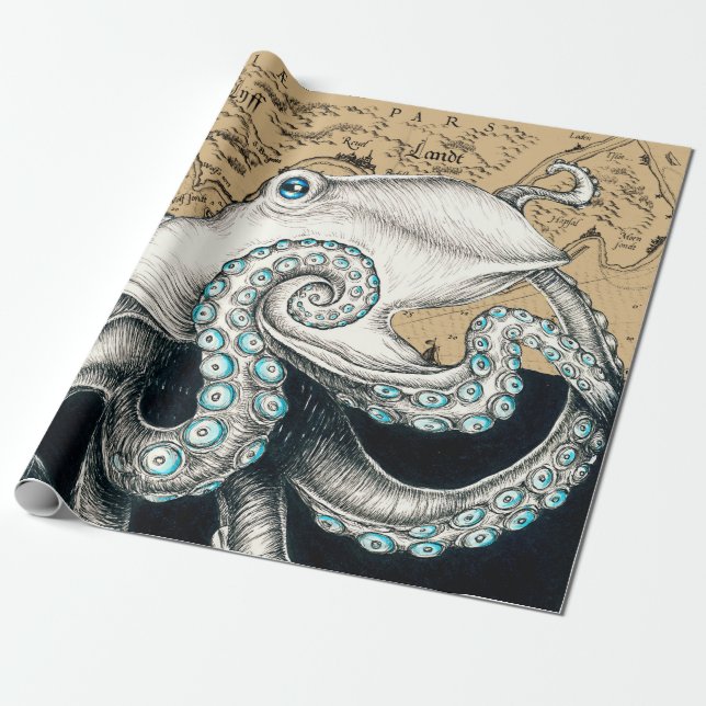 Octopus Vintage Karta Beige Presentpapper (Utrullad)