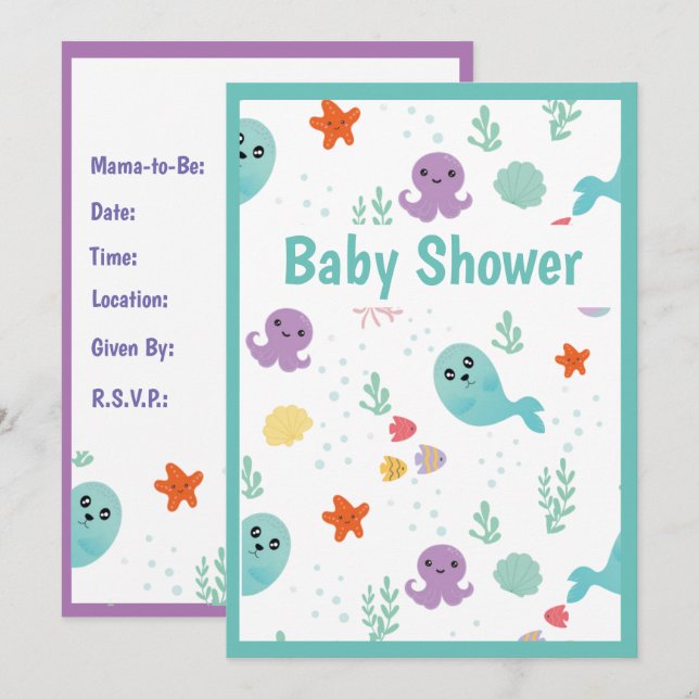 Octopus Whales Ocean Baby Shower Inbjudningar (Fram/baksida)