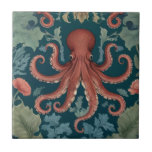 Octopus William Morris stil Sea Marine Kakelplatta<br><div class="desc">"classy Classic art nouveau",  "grönt undervattensatentakler av bläckfisk",  "hawaiiska havslevande marina djur",  "william morris ceramic tile",  "blue water vatten life",  "Sea Ocseas mörk navy red",  "vintage rust Brown life",  "nautical willife vild animal",  "hawaii blommigt botanical",  "Traditional strand kusten antique"</div>