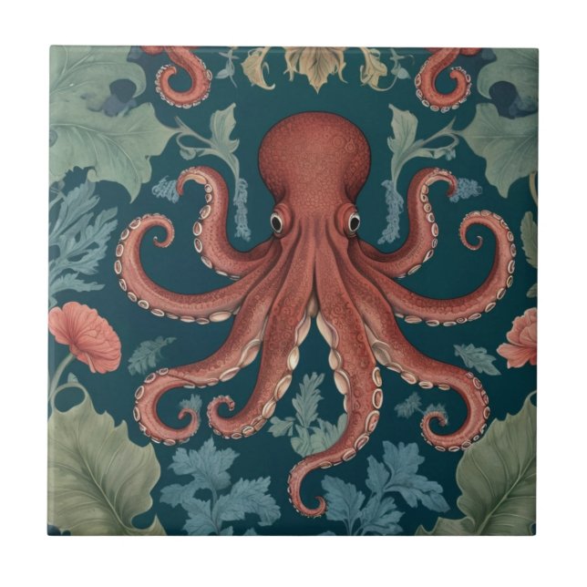 Octopus William Morris stil Sea Marine Kakelplatta (Framsidan)