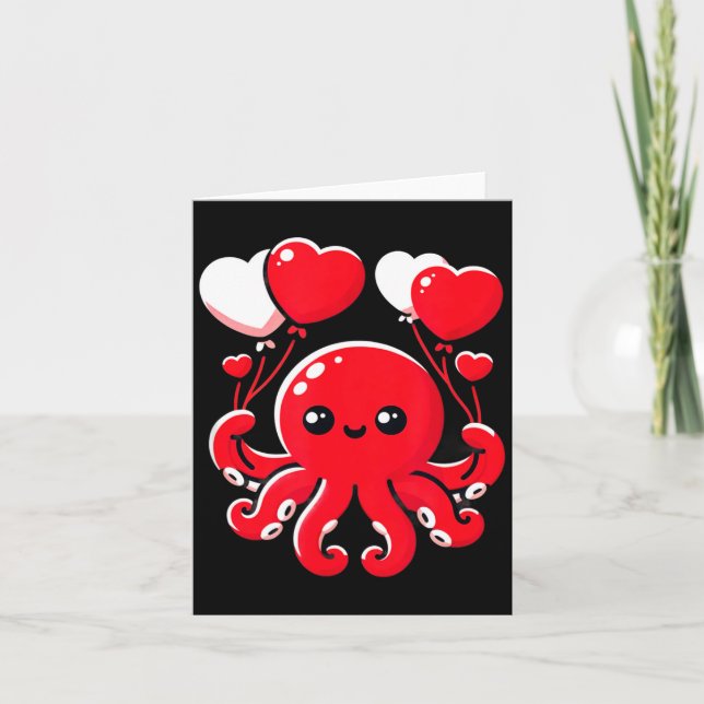 Octopus With Heart Balloons Adorable Valentines Da Kort (Framsida)