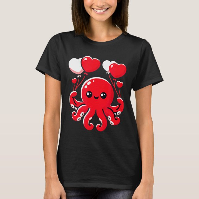 Octopus With Heart Balloons Adorable Valentines Da T Shirt (Framsida)