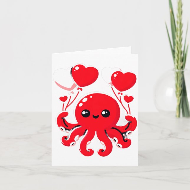 Octopus With Heart Lloons Adorable Valentines Day  Kort (Framsida)