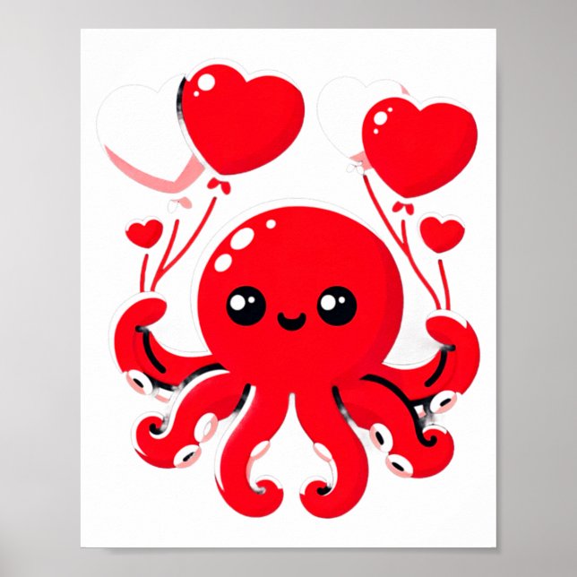 Octopus With Heart Lloons Adorable Valentines Day  Poster (Framsidan)