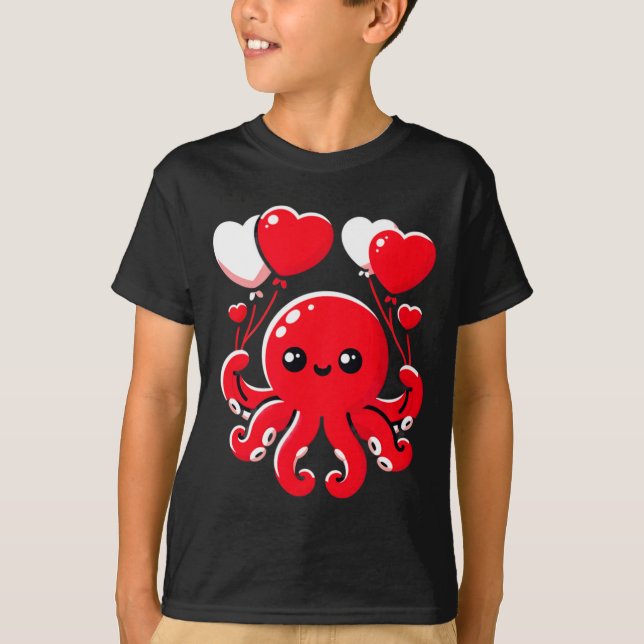 Octopus With Heart Lloons Adorable Valentines Day  T Shirt (Framsida)