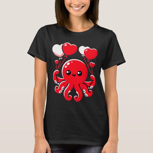 Octopus With Heart Lloons Adorable Valentines Day  T Shirt (Framsida)