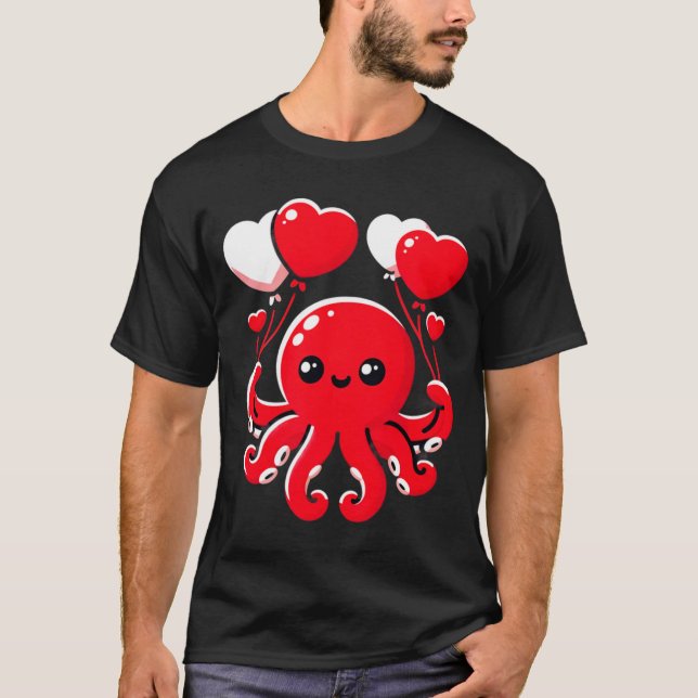 Octopus With Heart Lloons Adorable Valentines Day  T Shirt (Framsida)