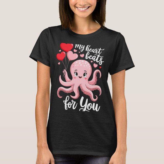 Octopus With Heart Lloons My Heart Beats For You V T Shirt (Framsida)