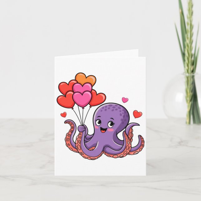 Octopus With Heart Lloons Valentine Day  Kort (Framsida)