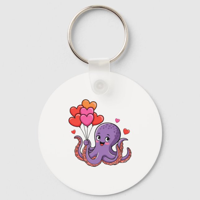 Octopus With Heart Lloons Valentine Day  Nyckelring (Framsida)