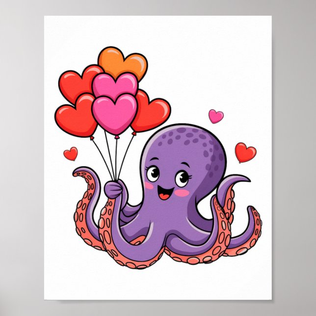 Octopus With Heart Lloons Valentine Day  Poster (Framsidan)