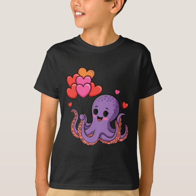 Octopus With Heart Lloons Valentine Day  T Shirt (Framsida)