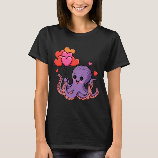 Octopus With Heart Lloons Valentine Day  T Shirt (Framsida)