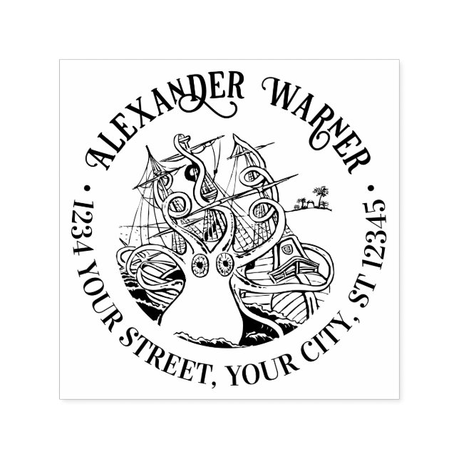 Octopus Wrapped Around Frakt #2 Namn Returadress Självfärgande Stämpel (Design)