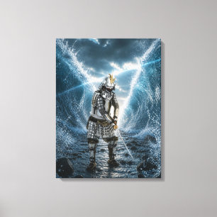 Oda Nobunaga Samurajrustning i havsvågor 18x24 Canvastryck