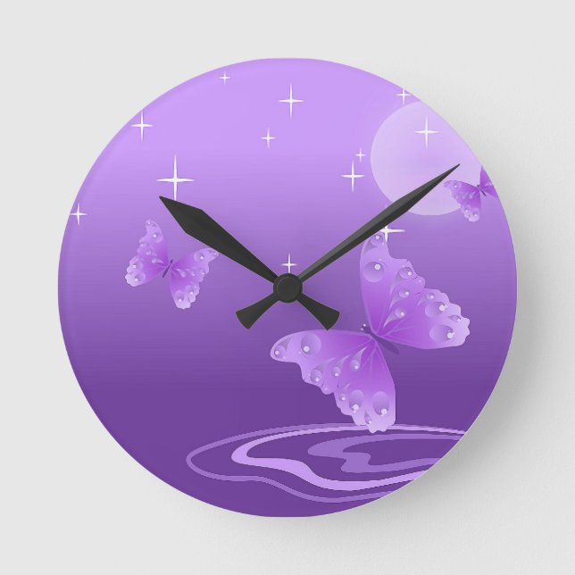 Öde för kärlek för purpurfärgade fjärilsdjur rund klocka (Framsida)