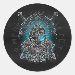 Odin med korpar och svärd Vikingmytologi blå Runt Klistermärke