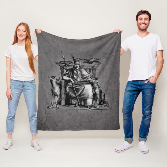 Odin med korpar på sin stentron, vikingamythologi fleecefilt (På plats)