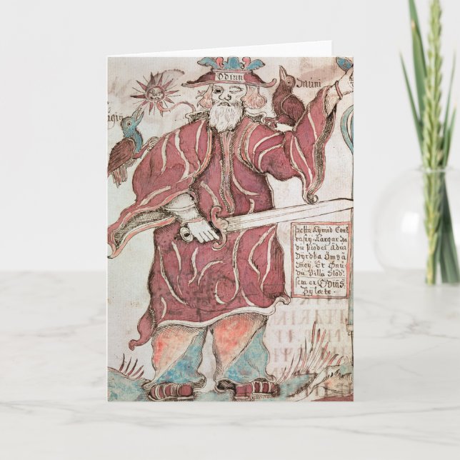 Odin, med sina två kråkor Hugin och Munin Kort (Framsida)