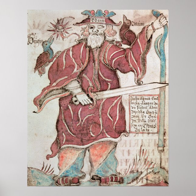 Odin, med sina två kråkor Hugin och Munin Poster (Framsidan)