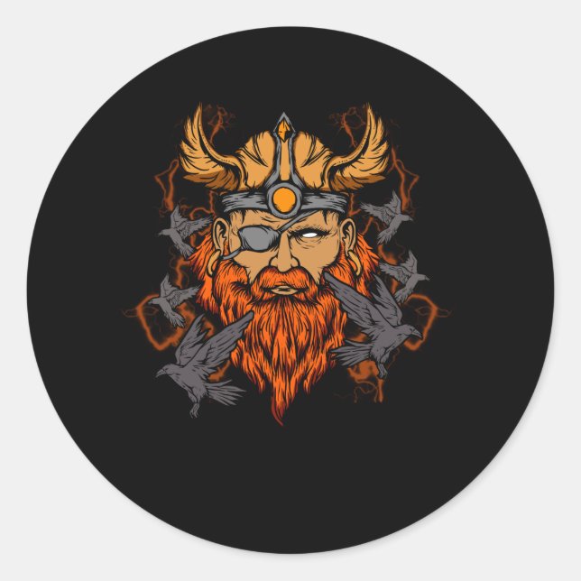 Odin Norse Mythology Viking God & Ravens Runt Klistermärke (Framsida)