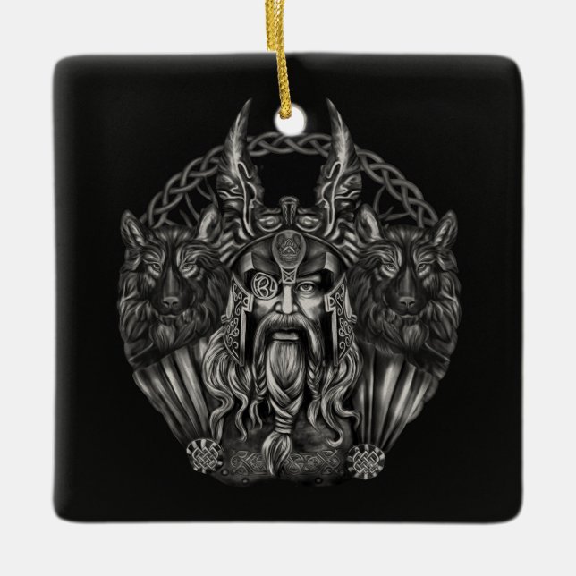 Odin och hans varger Geri och Freki Julgransprydnad Keramik (Framsida)