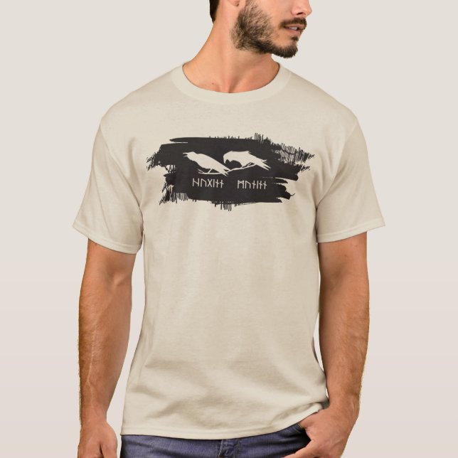 Odin Raven Kråka Viking Mythology runes runic T Shirt (Framsida)