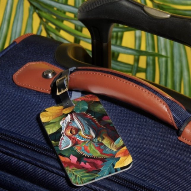 Ödla blad & färg bagagebricka (Colourful Lizard Tropical Jungle Art  single-sided w Card Slot, weatherproof, leather strap included)