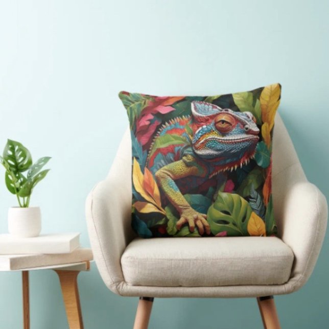 Ödla blad & Färg Kudde (Colourful Lizard Tropical Jungle Art pillow high quality 100% polyester hidden zipper enclosure. )