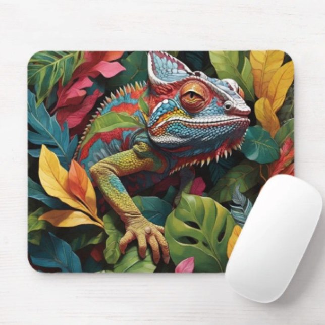 Ödla blad & Färg  Musmatta (Colourful Lizard Tropical Jungle Art mouse pad durable dust and stain resistant.. Non-slip rubber.)