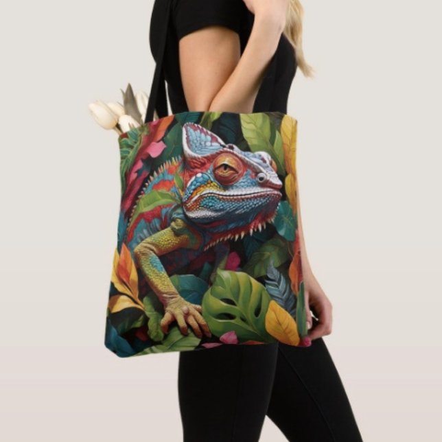 Ödla blad & Färg Tygkasse (Colourful Lizard Tropical Jungle Art Travel Tote Bag, laminated  for extra support. Made in USA. 
)