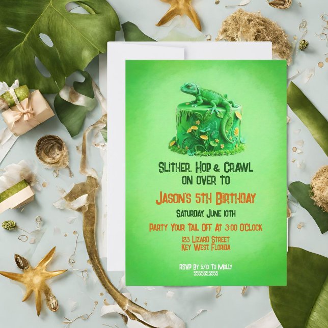 Ödla Födelsedagstårta Reptil Födelsedagsinbjudan Inbjudningar (It sets the theme for the birthday party as a reptile or lizard-themed event!)