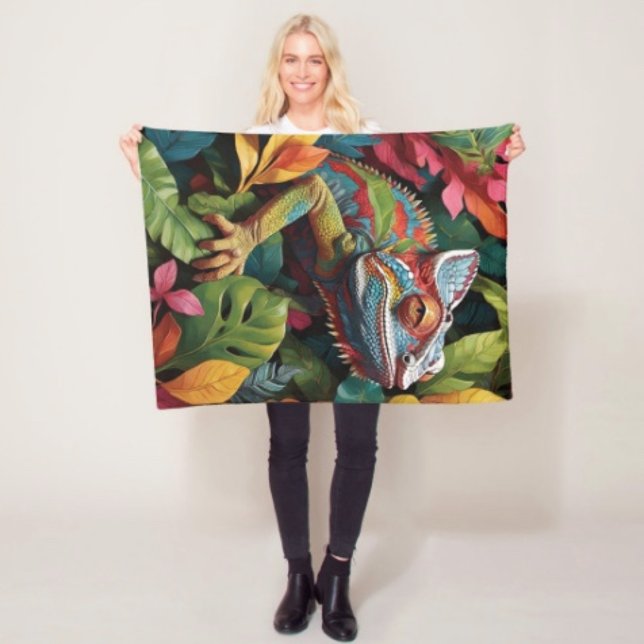 Ödla löv & Färgad filt av fleece (Colourful Lizard Tropical Jungle Art blanket - soft and colourful available  in 3 different sizes.)
