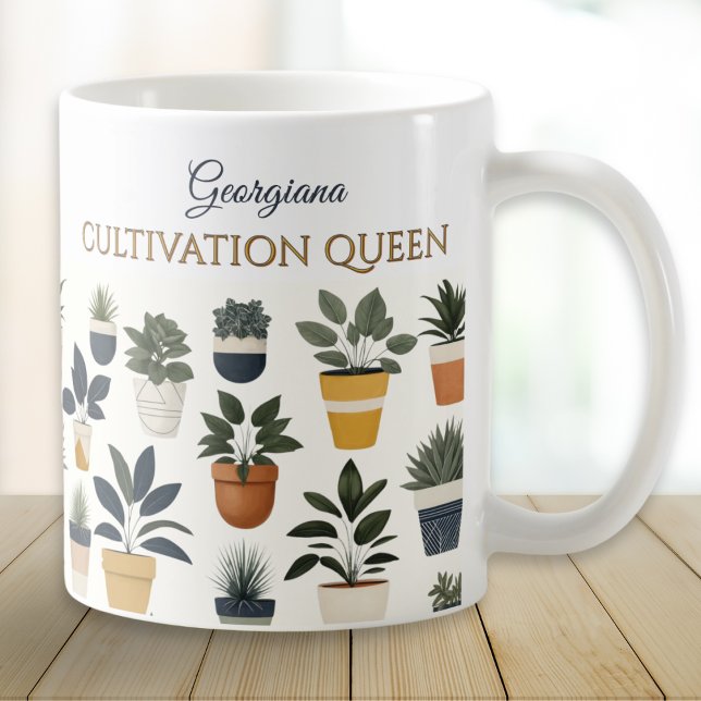  odlingsväxter kaffemugg (A chic mug with 'Cultivation Theme words, personalized name and pattern of green plants in pots)