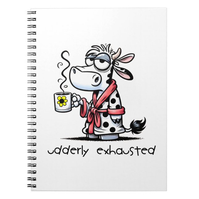Odold Exhausted Cow i en Robe Drinking Coffee Anteckningsbok (Framsidan)