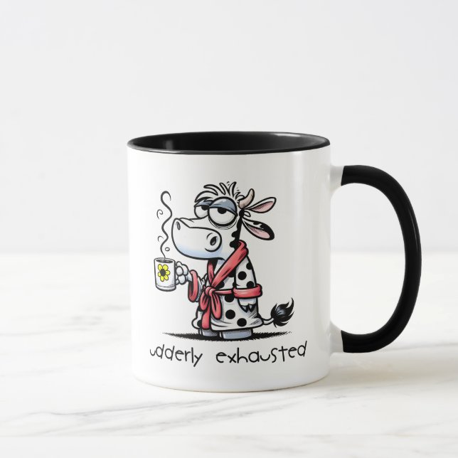 Odold Exhausted Cow i en Robe Drinking Coffee Mugg (Höger)