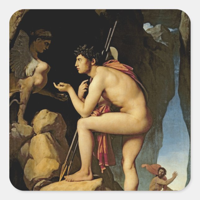 Oedipus och Sphinx, 1808 Fyrkantigt Klistermärke (Framsida)
