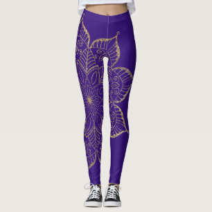 Off Center Guld Faux Glitter Mandala på Lila Leggings
