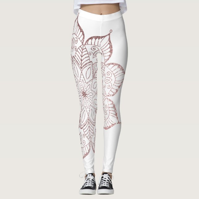 Off Center Ro Faux Glitter Mandala, White Leggings (Framsida)