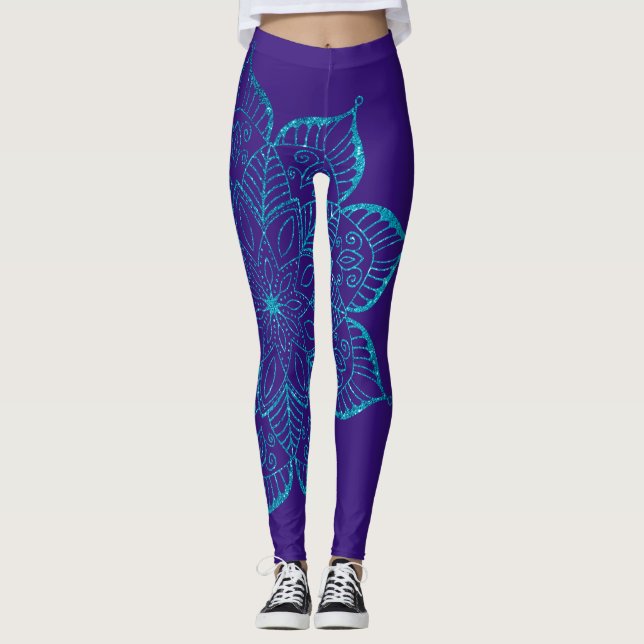 Off-Center Teal Faux Glitter Mandala på Lila Leggings (Framsida)