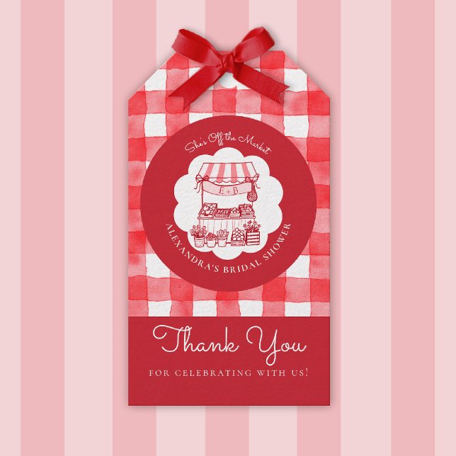 Off the Market Farmers Red 2 Modern Bröllopsdusch Presentetikett (shes off the market bridal shower gift tag red farmer stand hand drawn rustic outdoors picnic)