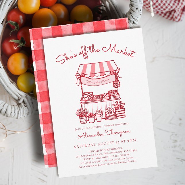 Off the Market Farmers Red Modern Bridal Shower Inbjudningar (shes off the market bridal shower invitation red farmer stand hand drawn rustic chic outdoors picnic)