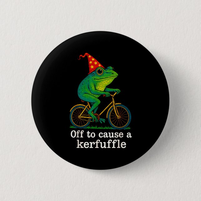 Off To Cause A Kerfuffle Funny Frog Wizard Bicycle Knapp (Framsida)