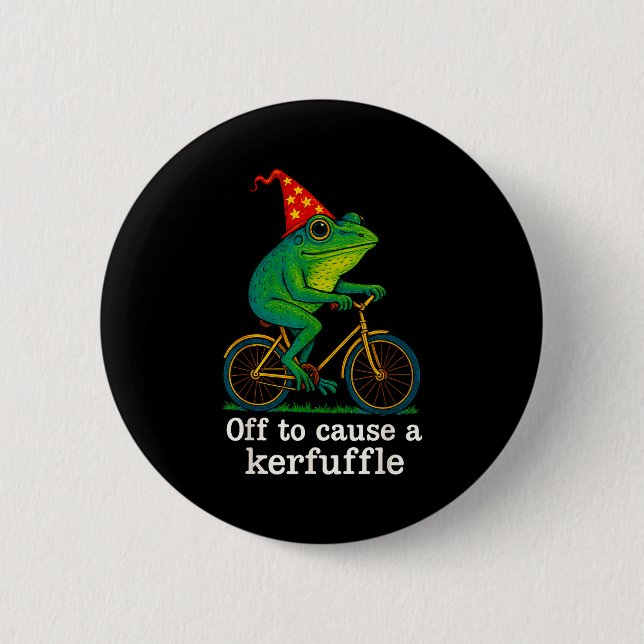 Off To Cause A Kerfuffle Funny Frog Wizard Bicycle Knapp (Framsida)