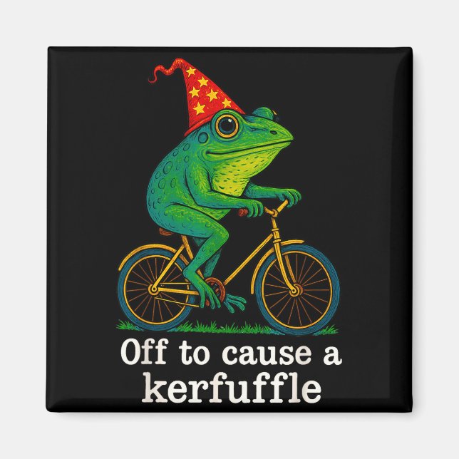 Off To Cause A Kerfuffle Funny Frog Wizard Bicycle Magnet (Framsidan)